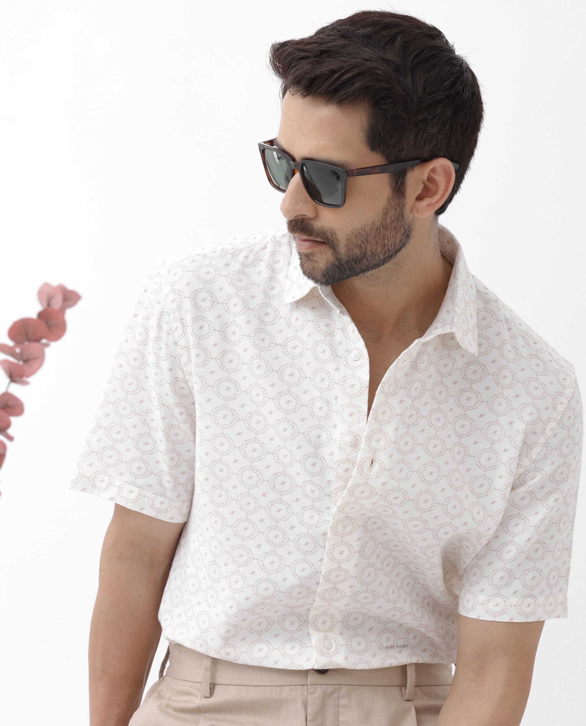 Rare Rabbit Mens Boward Off White Cotton Fabric Short Sleeve Boxy Fit Monogram Print Shirt