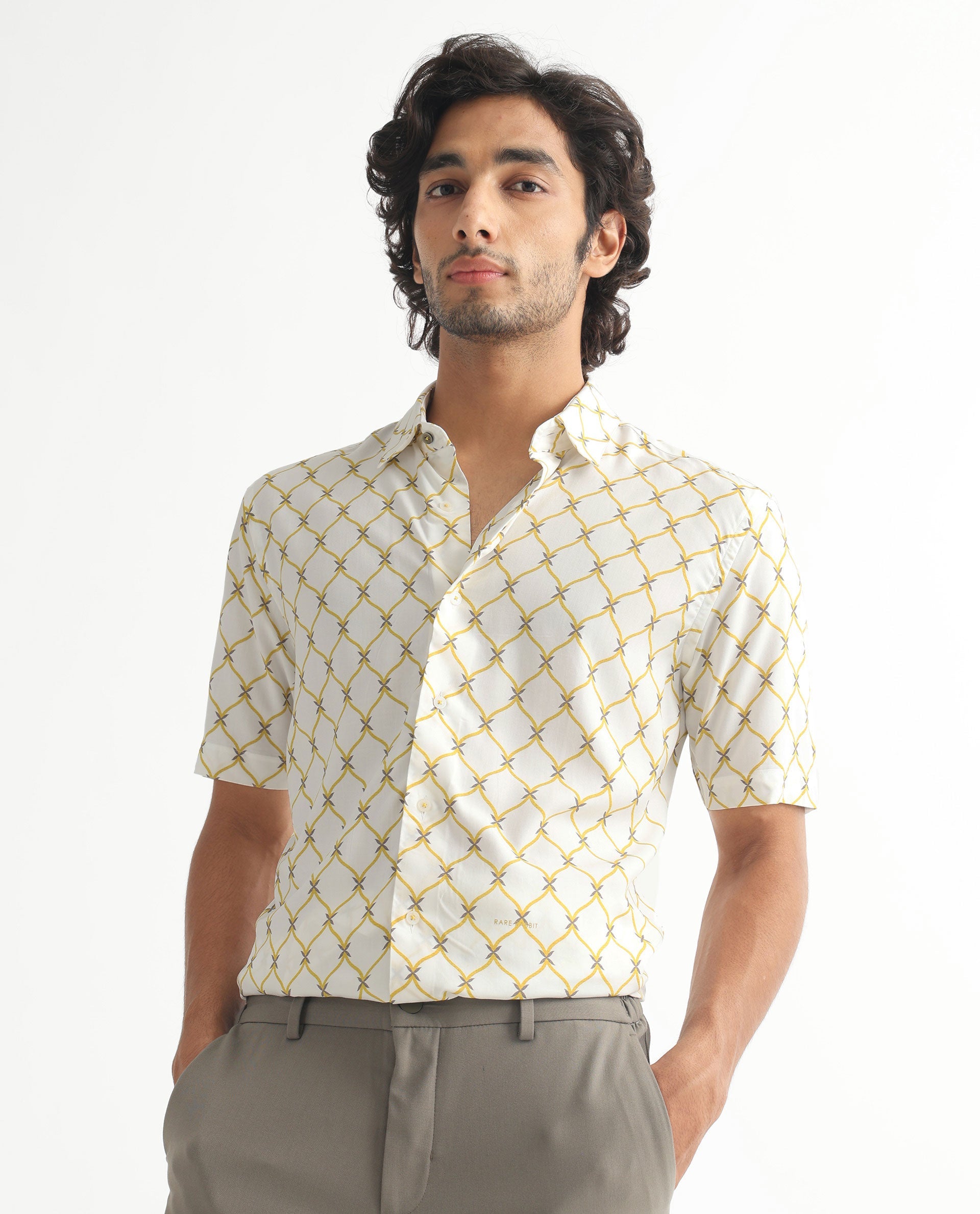 Rare Rabbit Men's Braga White Viscose Fabric Geometric Print Half Sleeves Shirt