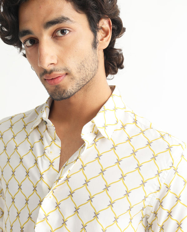 Rare Rabbit Men's Braga White Viscose Fabric Geometric Print Half Sleeves Shirt