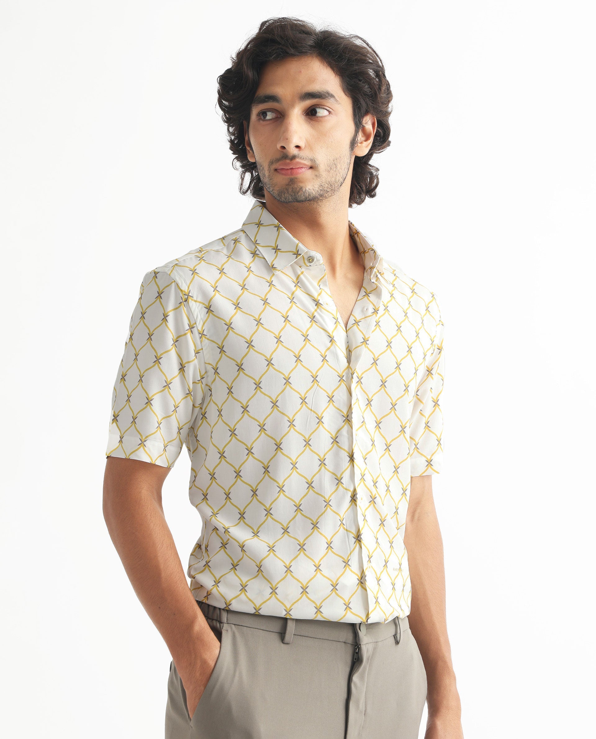 Rare Rabbit Men's Braga White Viscose Fabric Geometric Print Half Sleeves Shirt