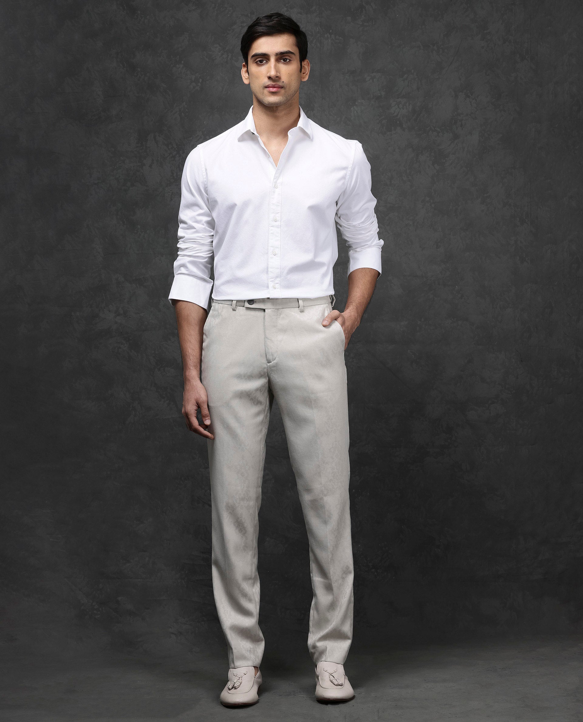 Rare Rabbit Men's Bristol Beige Mid-Rise Regular Fit Premium Jacquard Trousers