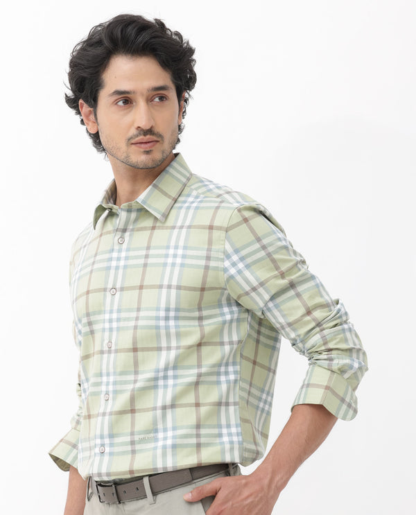 Rare Rabbit Mens Brody Dusky Green Cotton Fabric Full Sleeve Regular Fit Checks Print Shirt