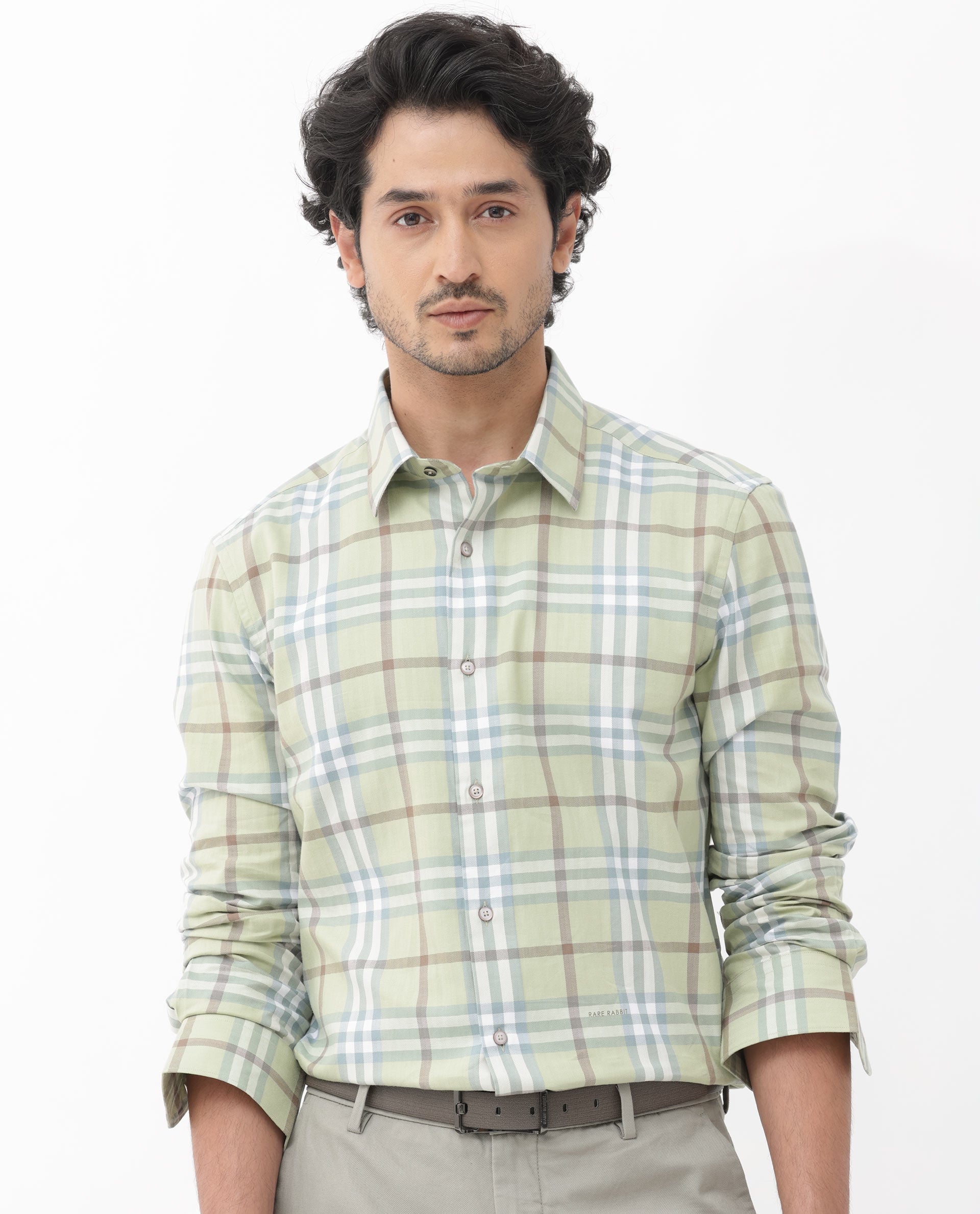 Rare Rabbit Mens Brody Dusky Green Cotton Fabric Full Sleeve Regular Fit Checks Print Shirt
