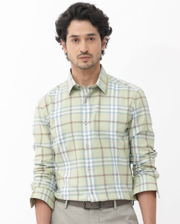 Rare Rabbit Mens Brody Dusky Green Cotton Fabric Full Sleeve Regular Fit Checks Print Shirt
