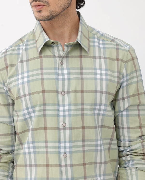 Rare Rabbit Mens Brody Dusky Green Cotton Fabric Full Sleeve Regular Fit Checks Print Shirt