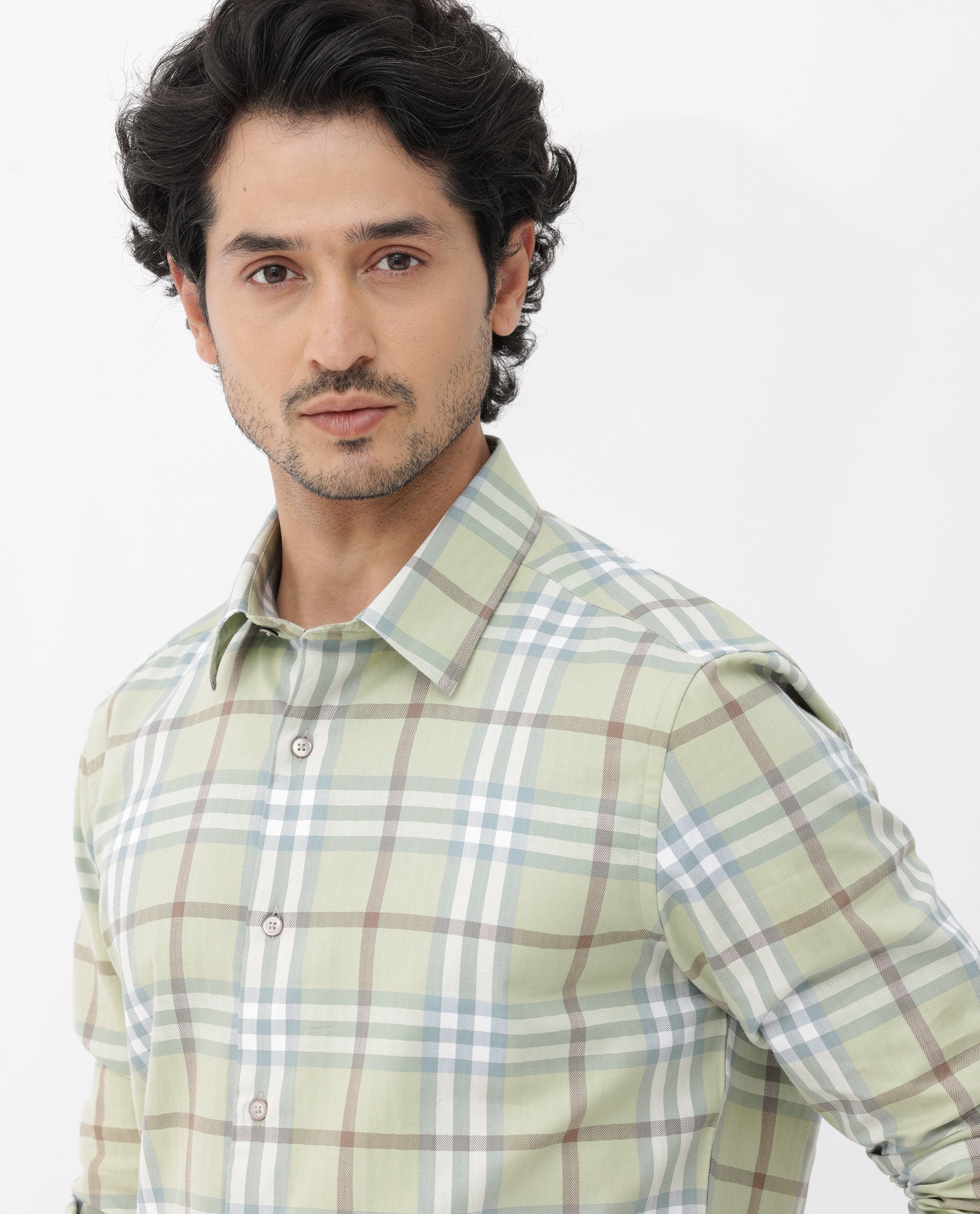 Rare Rabbit Mens Brody Dusky Green Cotton Fabric Full Sleeve Regular Fit Checks Print Shirt