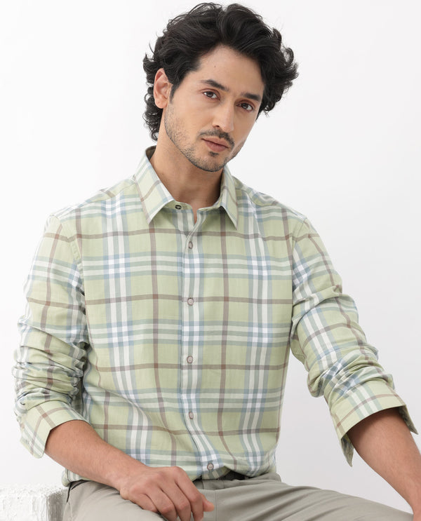 Rare Rabbit Mens Brody Dusky Green Cotton Fabric Full Sleeve Regular Fit Checks Print Shirt