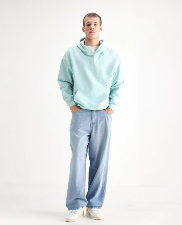 Rare Rabbit Men Bron Light Blue Cotton Fabric Baggy Fit Dark Wash Plain Jeans