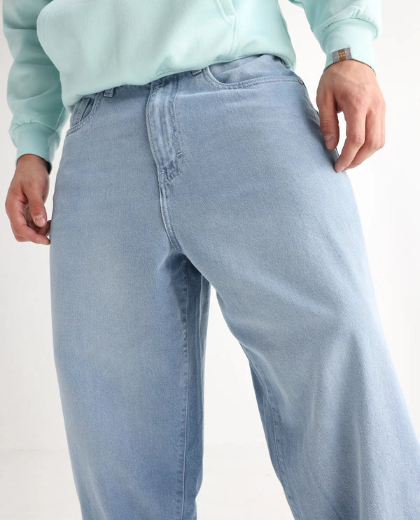 Rare Rabbit Men Bron Light Blue Cotton Fabric Baggy Fit Dark Wash Plain Jeans