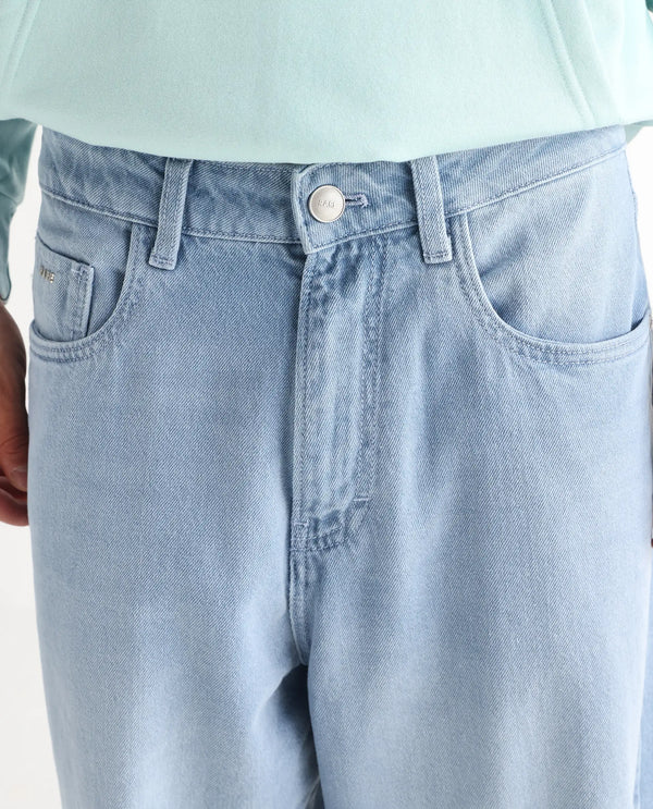 Rare Rabbit Men Bron Light Blue Cotton Fabric Baggy Fit Dark Wash Plain Jeans