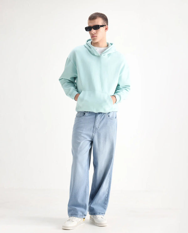 Rare Rabbit Men Bron Light Blue Cotton Fabric Baggy Fit Dark Wash Plain Jeans