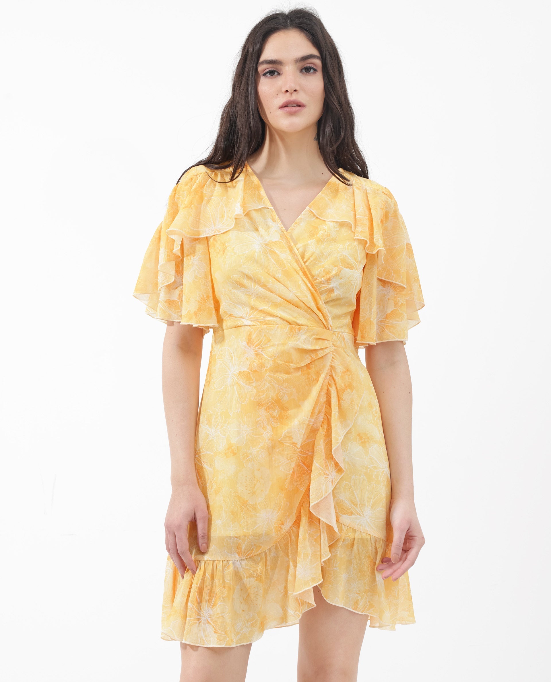 Rareism Women's Buckley Yellow Polyester Fabric Overlap Neck Zipper Closure Raglan Sleeve Floral Print Fit And Flare Knee Length Dress