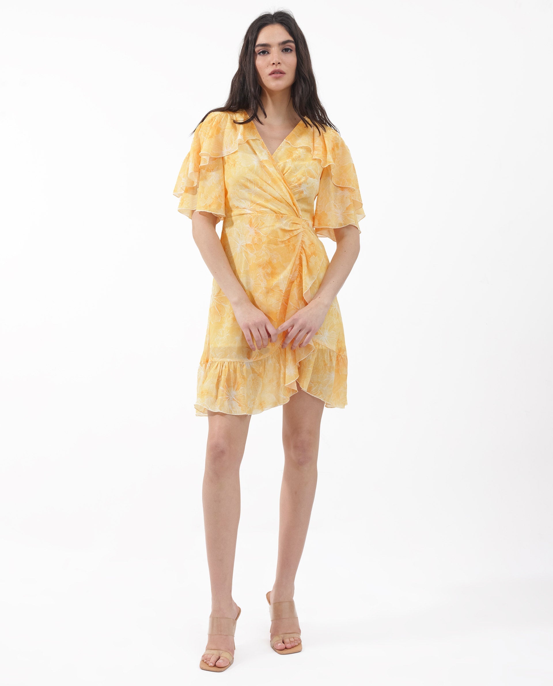 Rareism Women's Buckley Yellow Polyester Fabric Overlap Neck Zipper Closure Raglan Sleeve Floral Print Fit And Flare Knee Length Dress