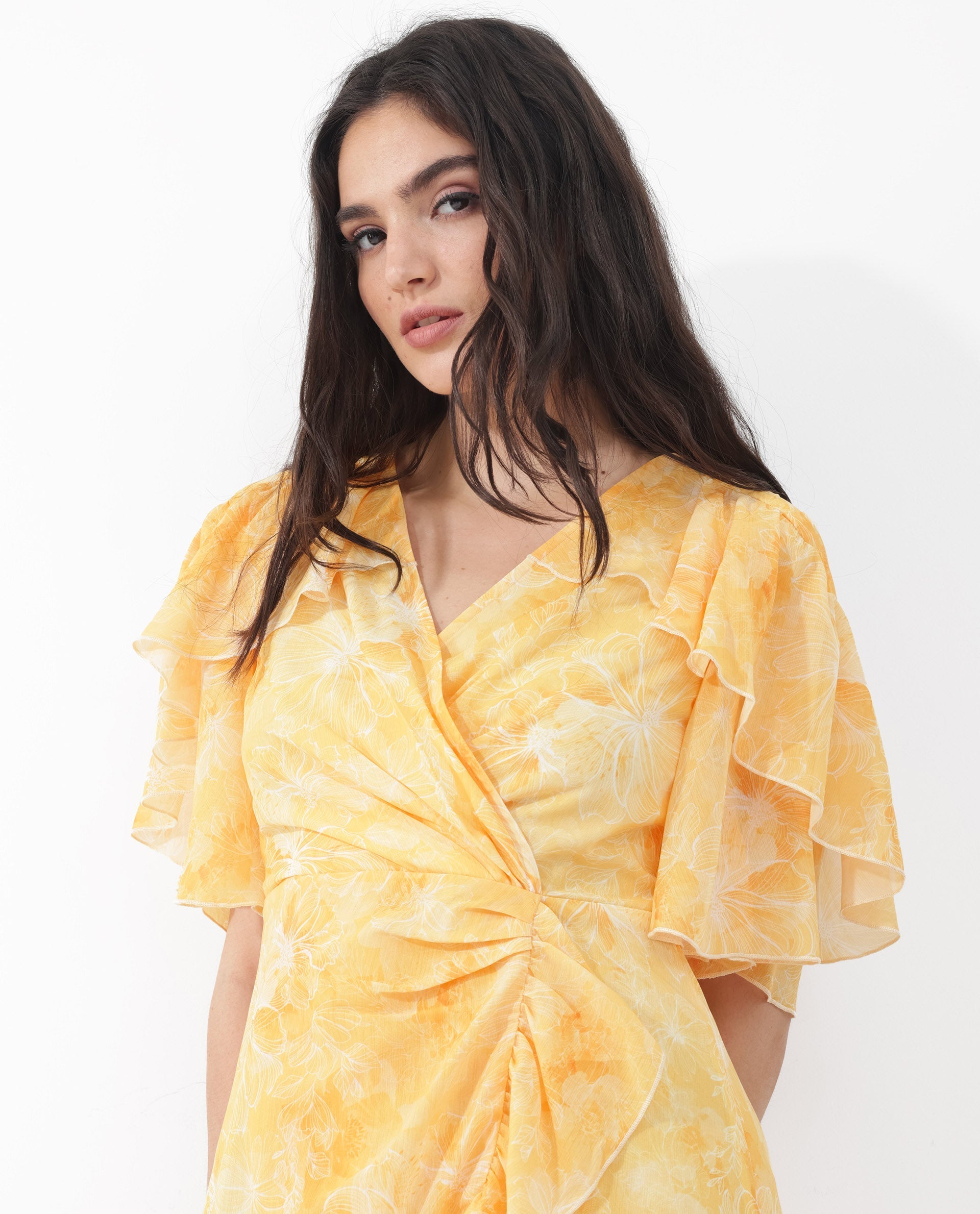 Rareism Women's Buckley Yellow Polyester Fabric Overlap Neck Zipper Closure Raglan Sleeve Floral Print Fit And Flare Knee Length Dress