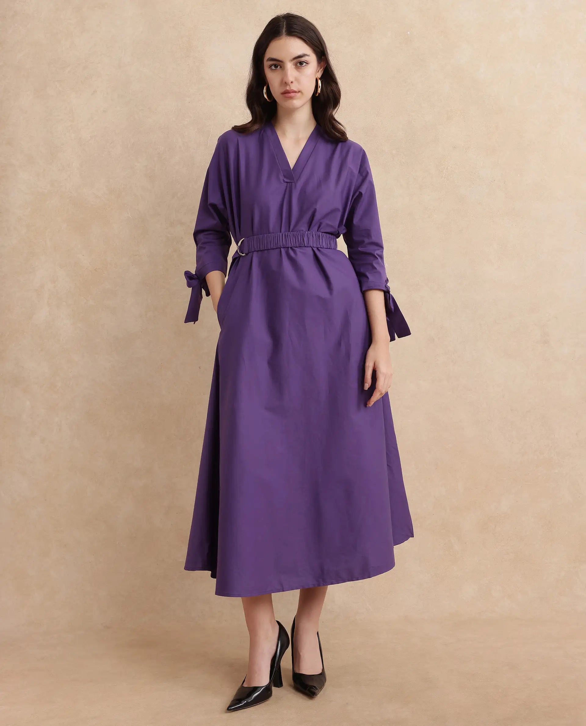 Rareism Women's Buyn Purple  V-Neck  Tie Up Sleeve Plain Flared Midi Dress