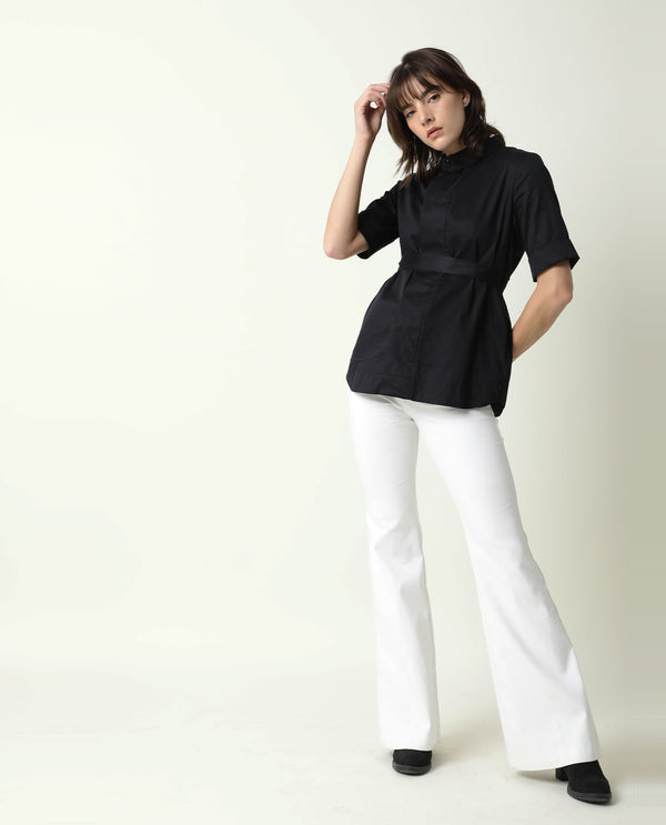 Rareism Womens Glitter Black Top Cotton Satin Fabric Regular Fit 3/4 Sleeve Collared Neck