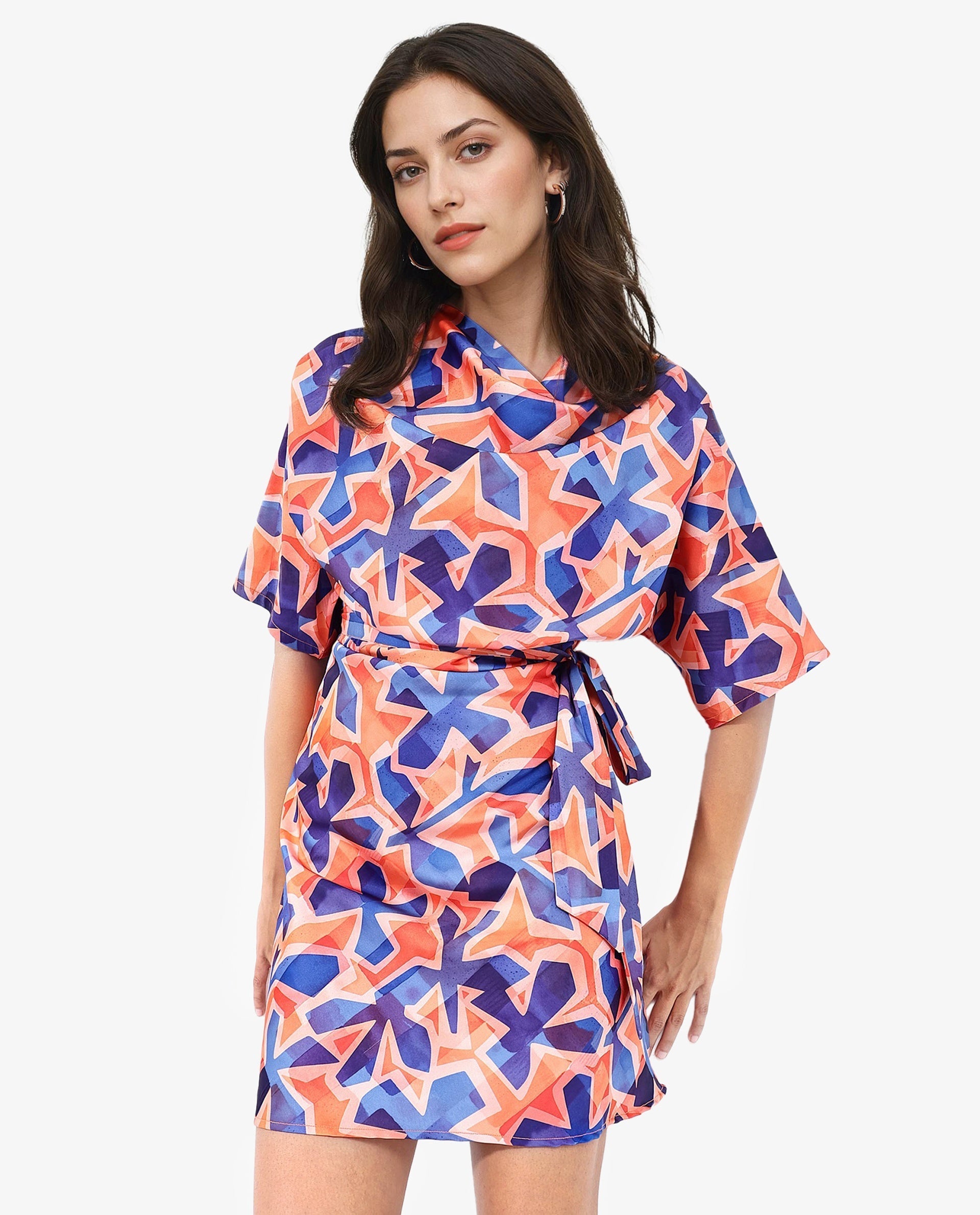 Rareism Women's Cagliari Multi Polyester Fabric Cowl Neck Zipper Closure Extended Sleeve Abstract A-Line Mini Dress
