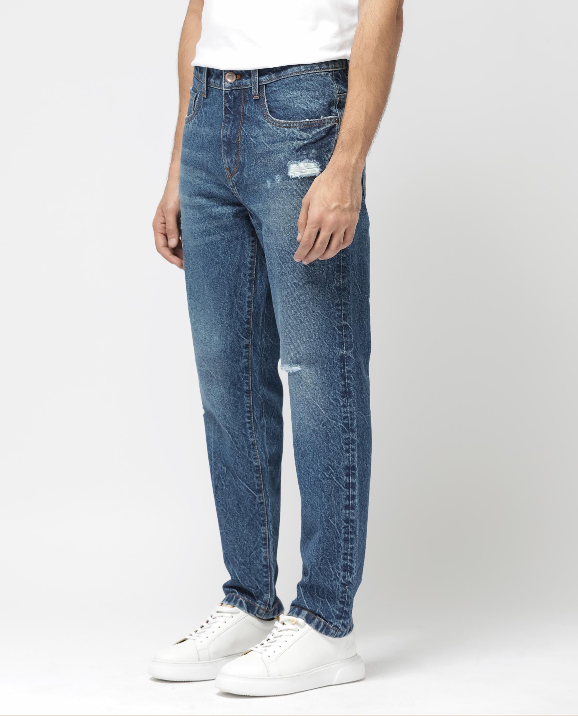 Rare Rabbit Mens Callip Blue Cotton Mid Wash Regular Fit Jeans