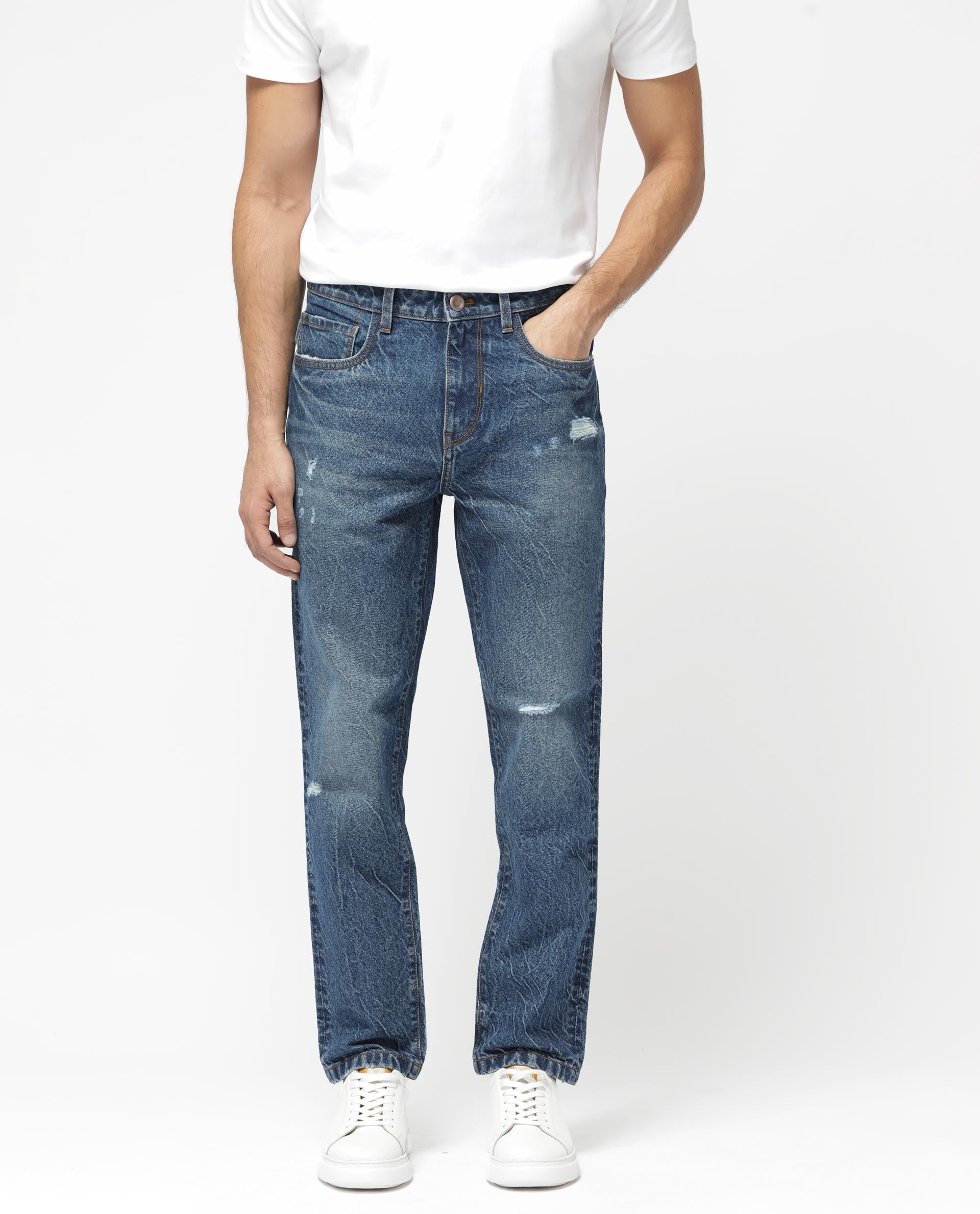 Rare Rabbit Mens Callip Blue Cotton Mid Wash Regular Fit Jeans
