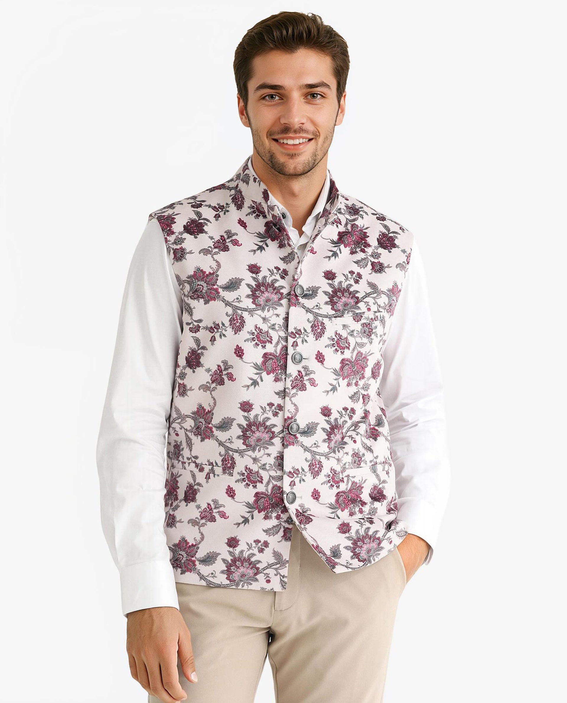 Rare Rabbit Men's Camero Light Beige Polyester Fabric Mandarin Collar Floral Velvet Bandi