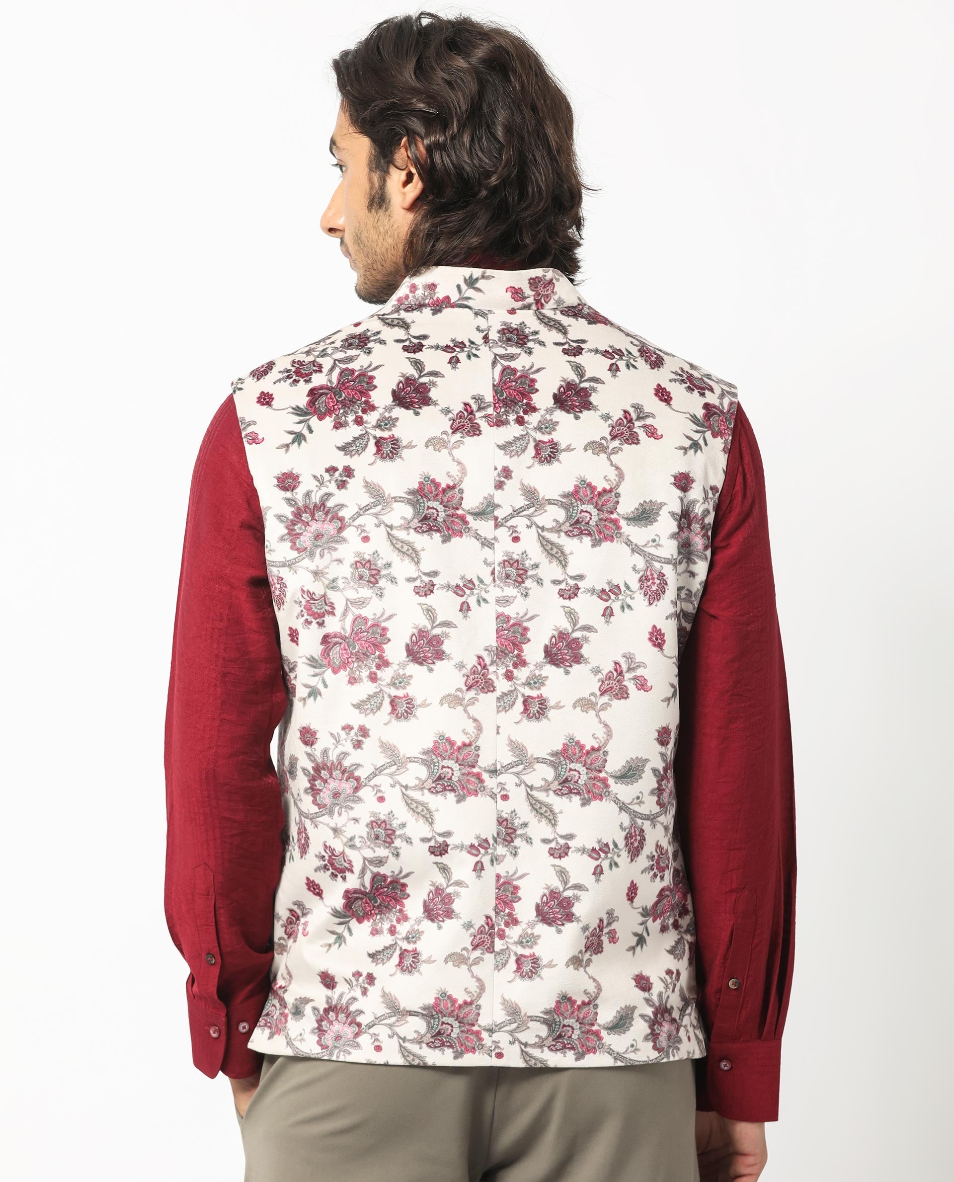 Rare Rabbit Men's Camero Light Beige Polyester Fabric Mandarin Collar Floral Velvet Bandi