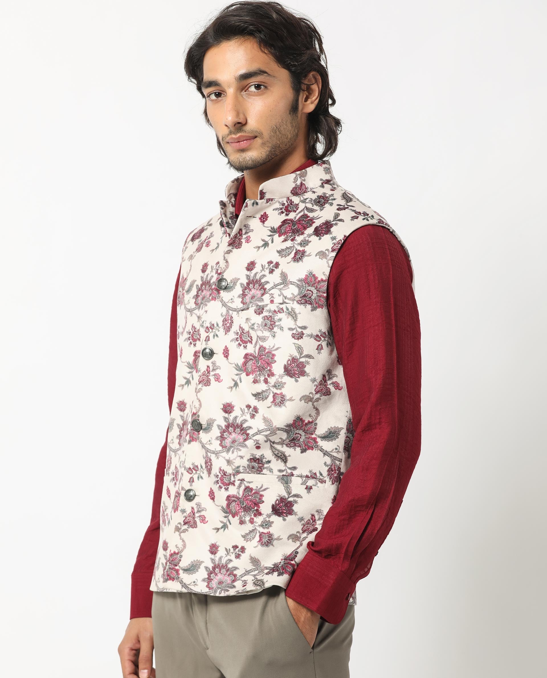 Rare Rabbit Men's Camero Light Beige Polyester Fabric Mandarin Collar Floral Velvet Bandi