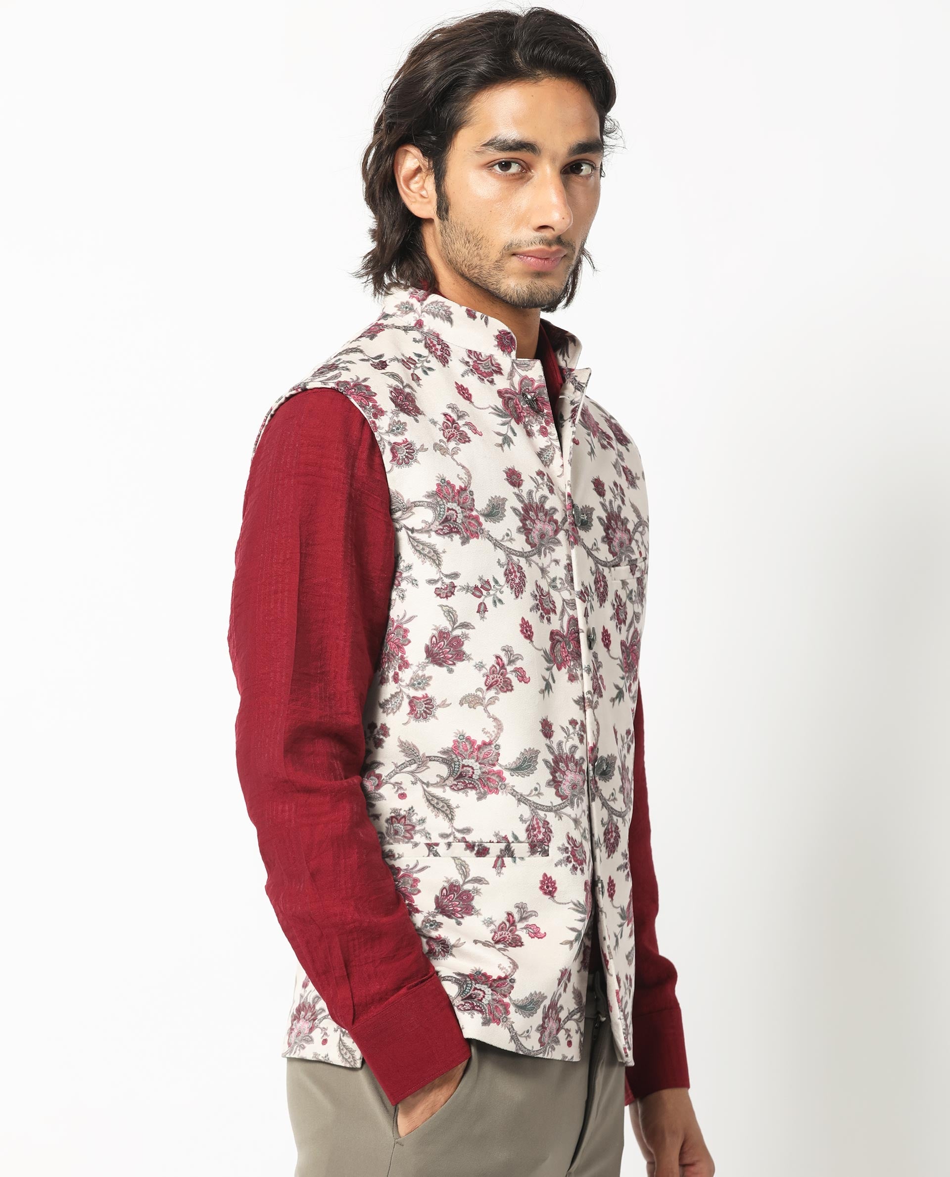 Rare Rabbit Men's Camero Light Beige Polyester Fabric Mandarin Collar Floral Velvet Bandi