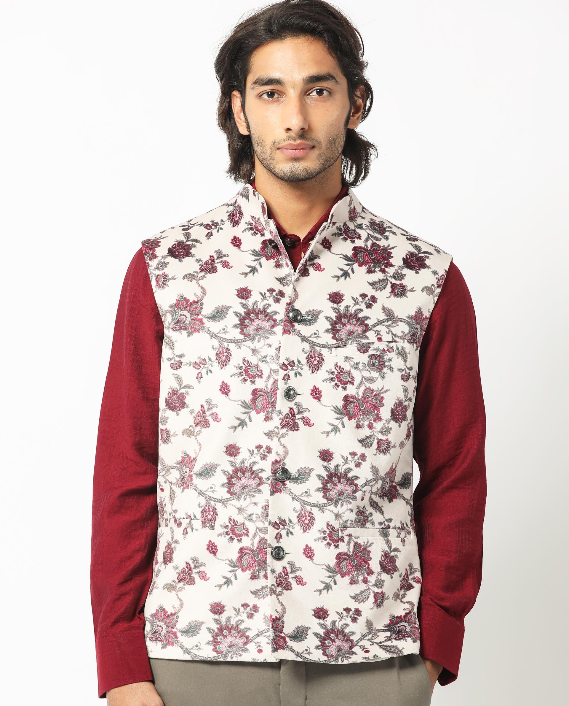 Rare Rabbit Men's Camero Light Beige Polyester Fabric Mandarin Collar Floral Velvet Bandi