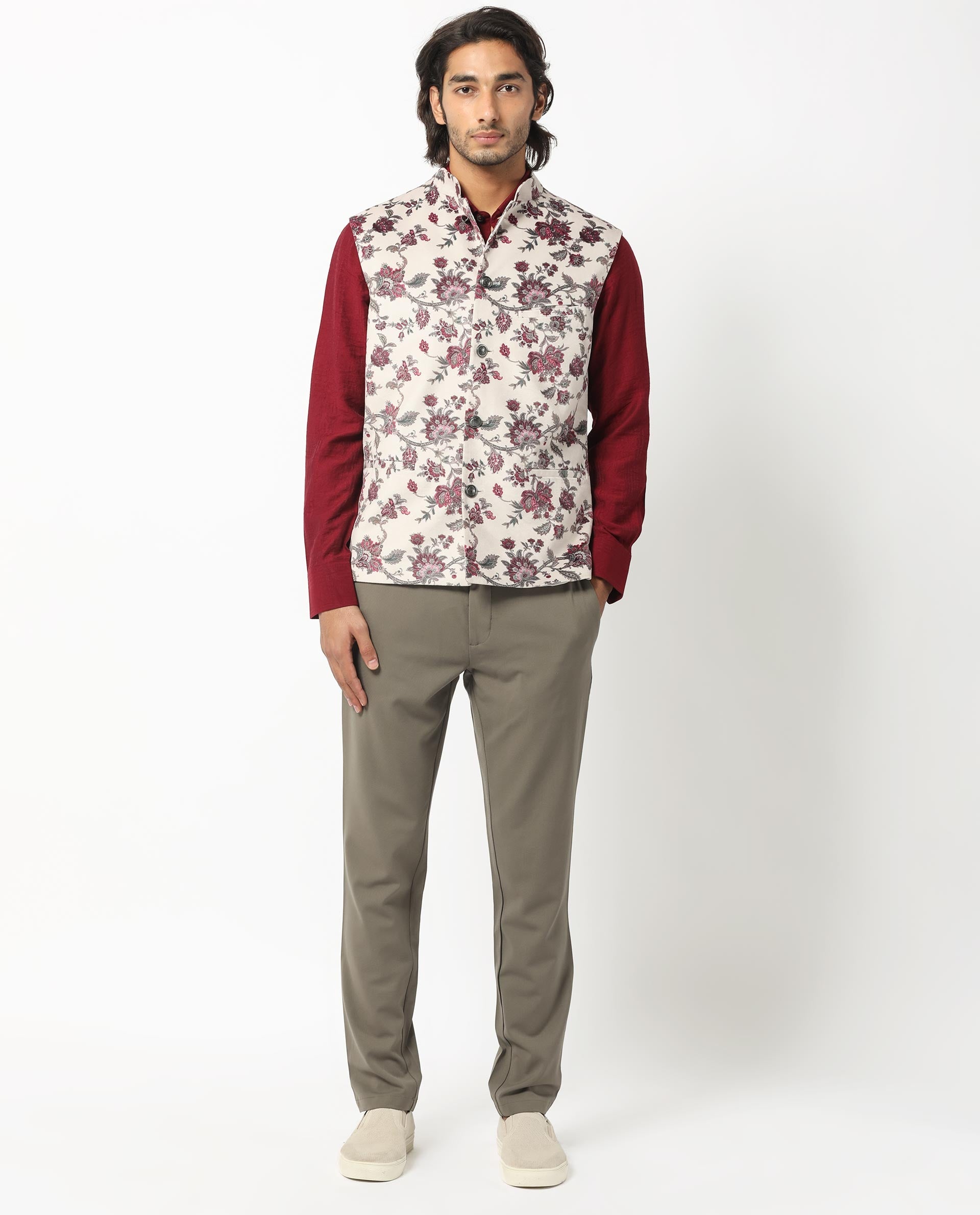 Rare Rabbit Men's Camero Light Beige Polyester Fabric Mandarin Collar Floral Velvet Bandi