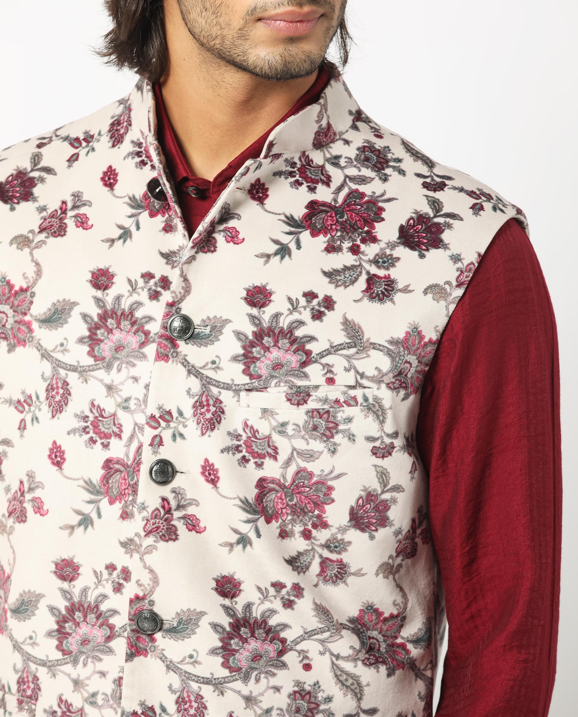 Rare Rabbit Men's Camero Light Beige Polyester Fabric Mandarin Collar Floral Velvet Bandi