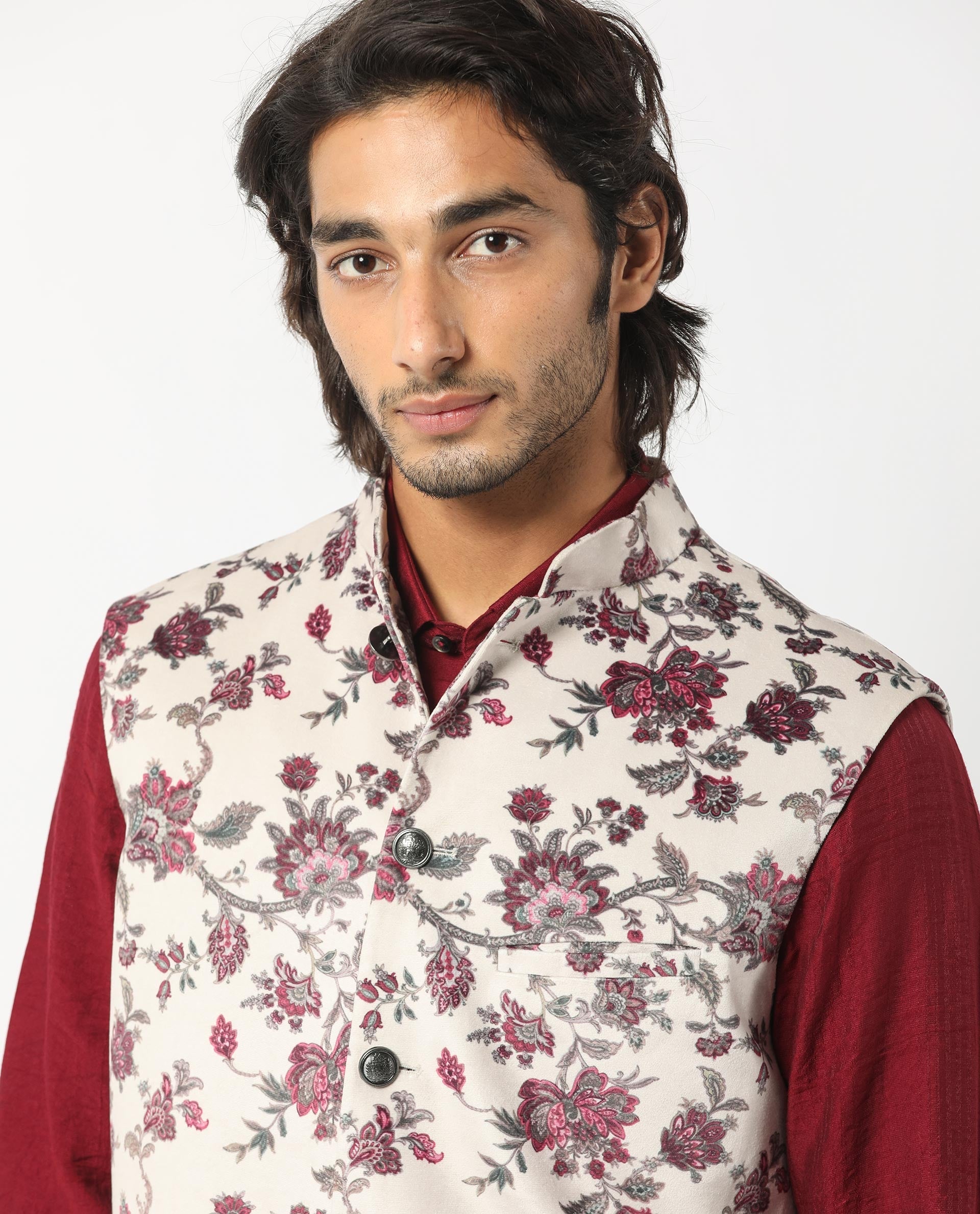 Rare Rabbit Men's Camero Light Beige Polyester Fabric Mandarin Collar Floral Velvet Bandi