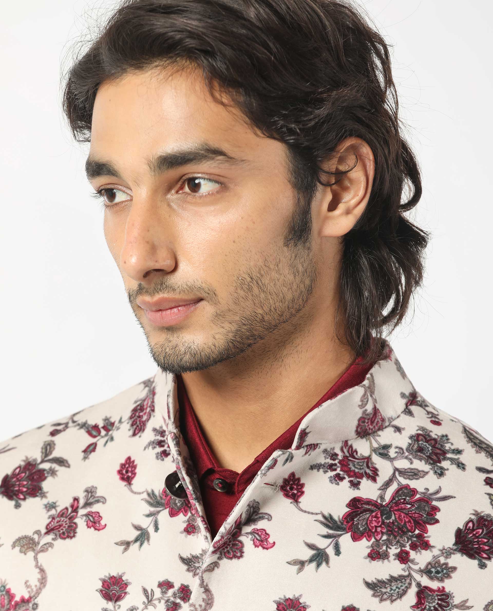 Rare Rabbit Men's Camero Light Beige Polyester Fabric Mandarin Collar Floral Velvet Bandi