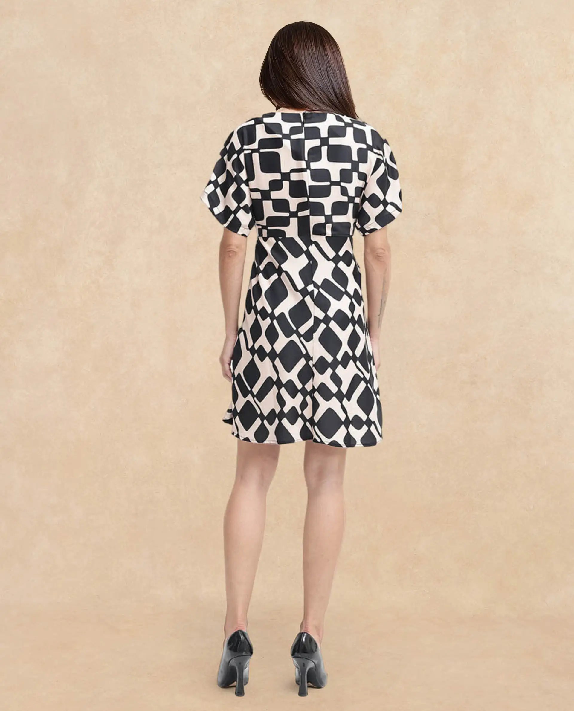 Rareism Women Cancun Black Button Closure Extended Sleeves Boat Neck Straight Fit Geometric Print Mini Dress