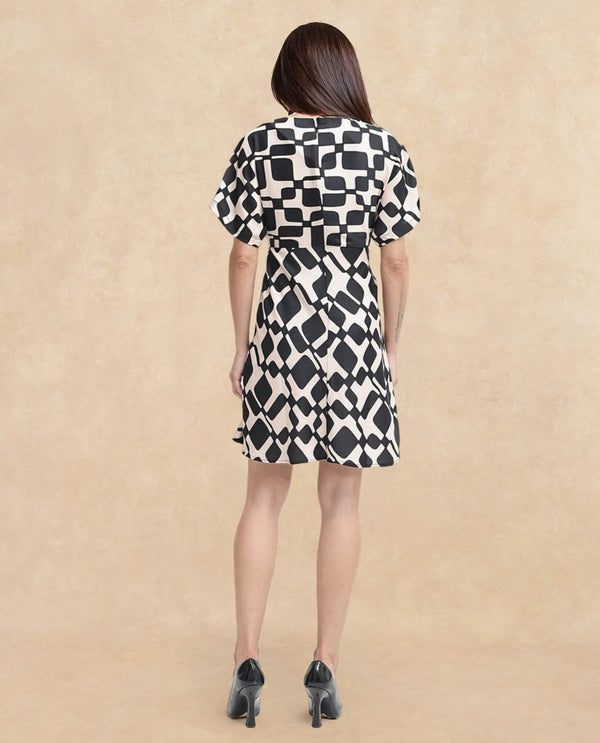 Rareism Women Cancun Black Button Closure Extended Sleeves Boat Neck Straight Fit Geometric Print Mini Dress