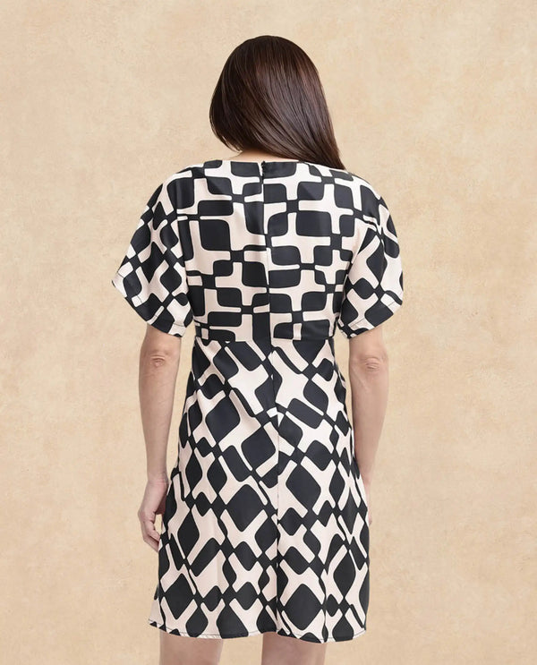 Rareism Women Cancun Black Button Closure Extended Sleeves Boat Neck Straight Fit Geometric Print Mini Dress