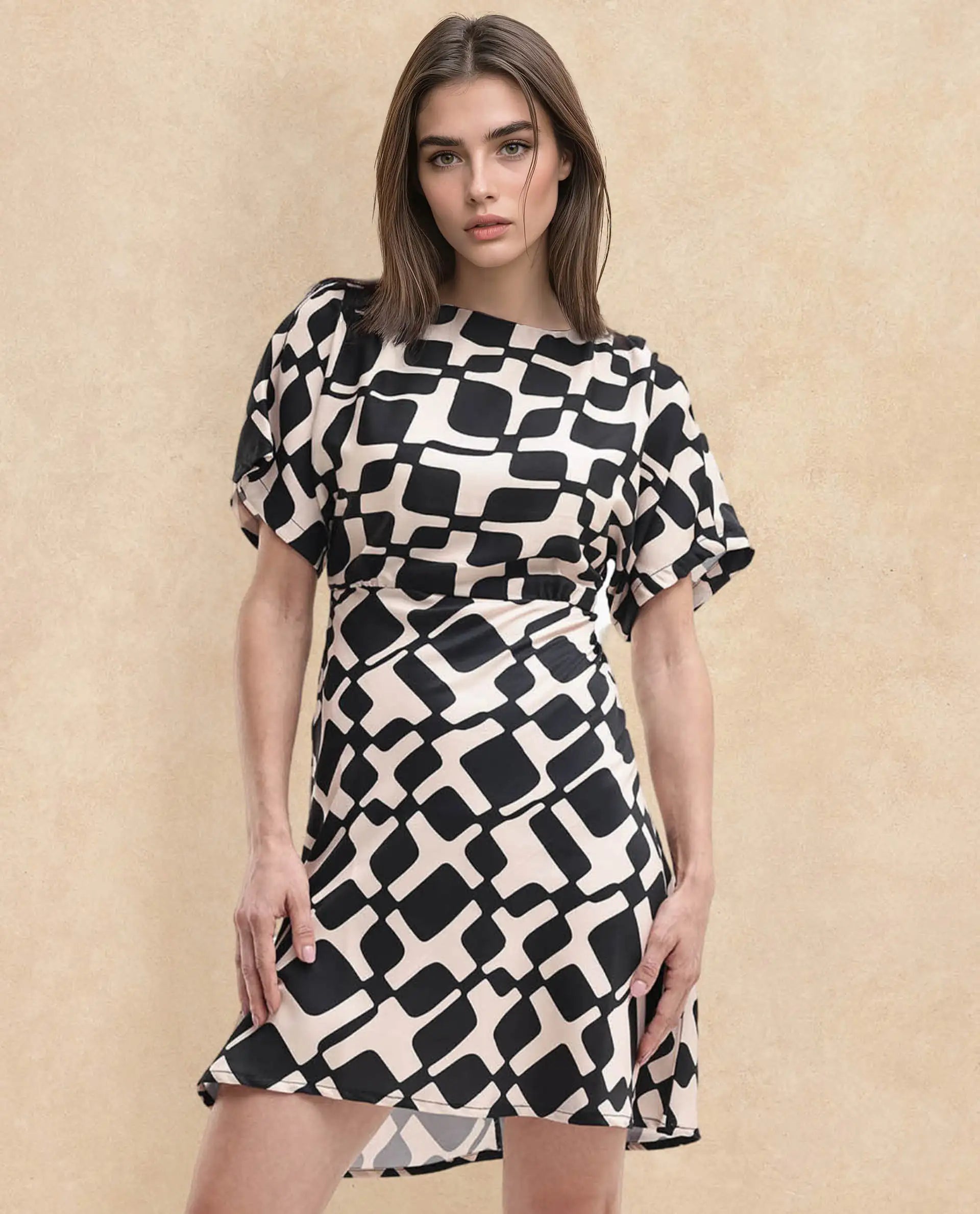 Rareism Women Cancun Black Button Closure Extended Sleeves Boat Neck Straight Fit Geometric Print Mini Dress