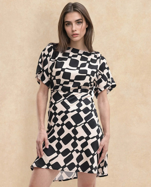 Rareism Women Cancun Black Button Closure Extended Sleeves Boat Neck Straight Fit Geometric Print Mini Dress