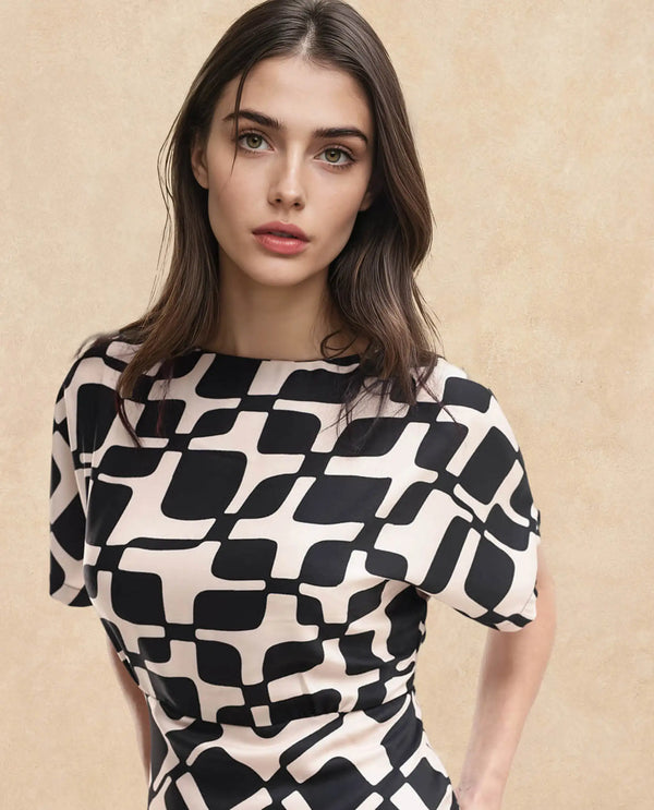 Rareism Women Cancun Black Button Closure Extended Sleeves Boat Neck Straight Fit Geometric Print Mini Dress