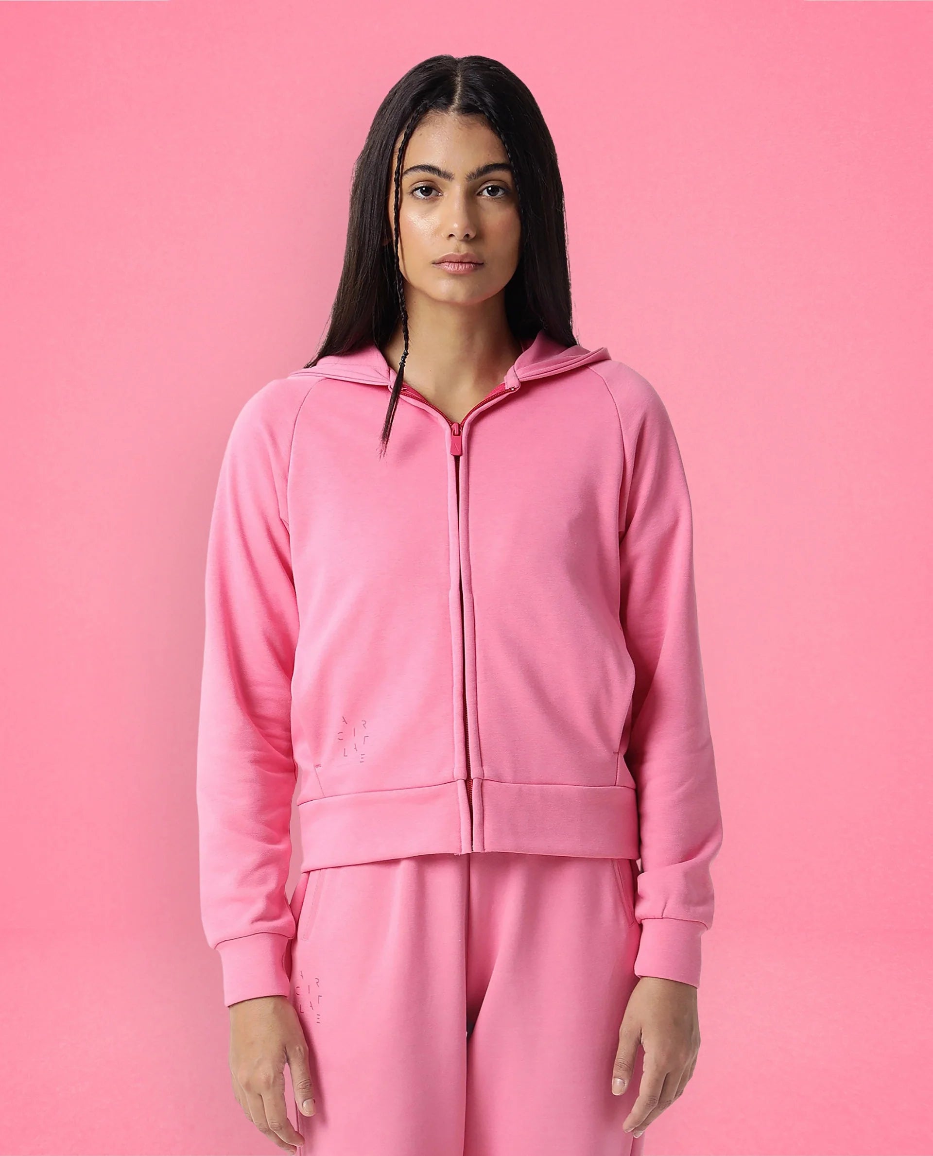 Rareism Women Capper Flouroscent Pink Cotton Blend Fabric Full Sleeves Solid Hooded Jacket