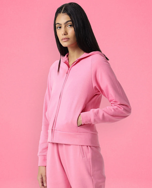 Rareism Women Capper Flouroscent Pink Cotton Blend Fabric Full Sleeves Solid Hooded Jacket