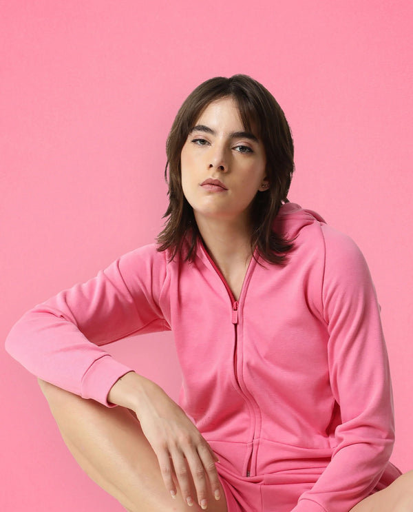 Rareism Women Capper Flouroscent Pink Cotton Blend Fabric Full Sleeves Solid Hooded Jacket