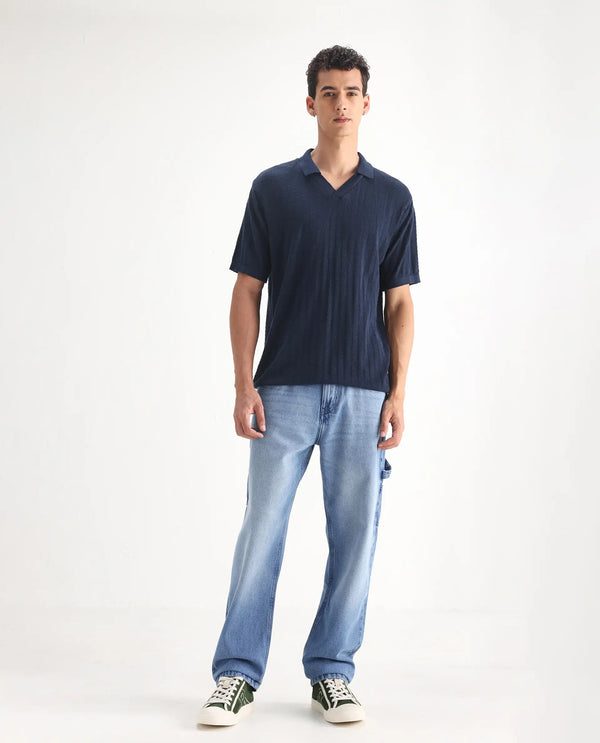 Rare Rabbit Men's Carpenter-2 Blue Cotton Fabric Light Wash Carpenter Fit Solid Jeans