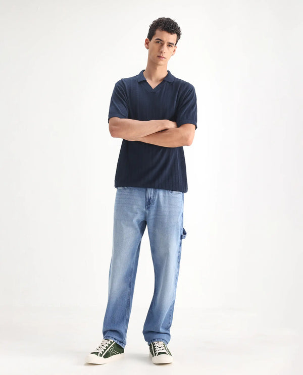 Rare Rabbit Men's Carpenter-2 Blue Cotton Fabric Light Wash Carpenter Fit Solid Jeans