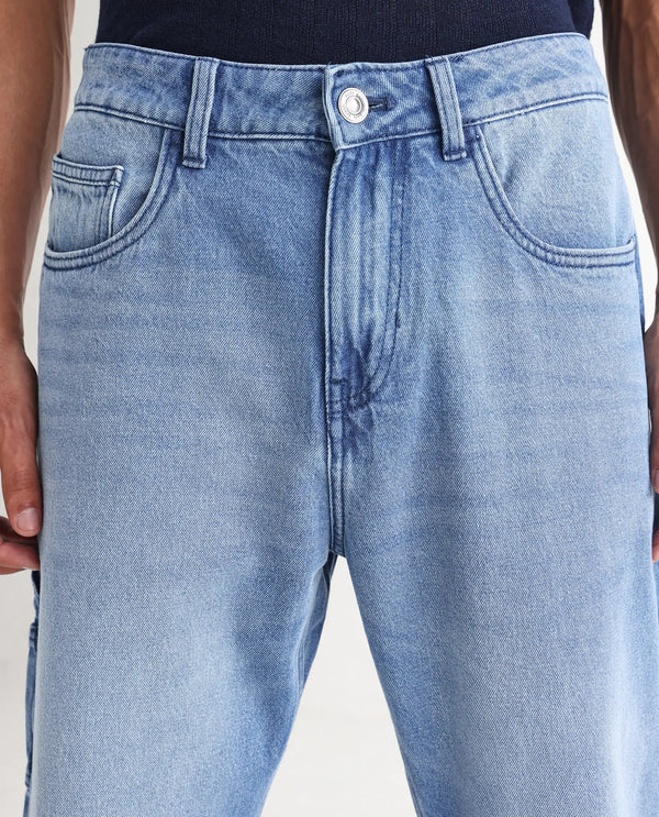 Rare Rabbit Men's Carpenter-2 Blue Cotton Fabric Light Wash Carpenter Fit Solid Jeans