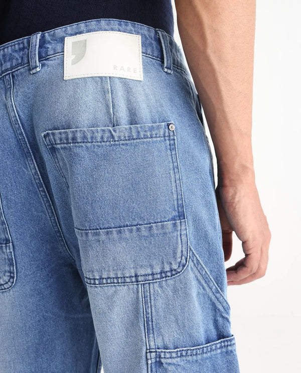Rare Rabbit Men's Carpenter-2 Blue Cotton Fabric Light Wash Carpenter Fit Solid Jeans