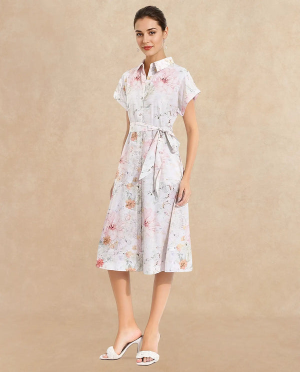 Rareism Women Carpi Multi Extended Sleeves Collared Neck  A-Line Knee Length Floral Print Dress