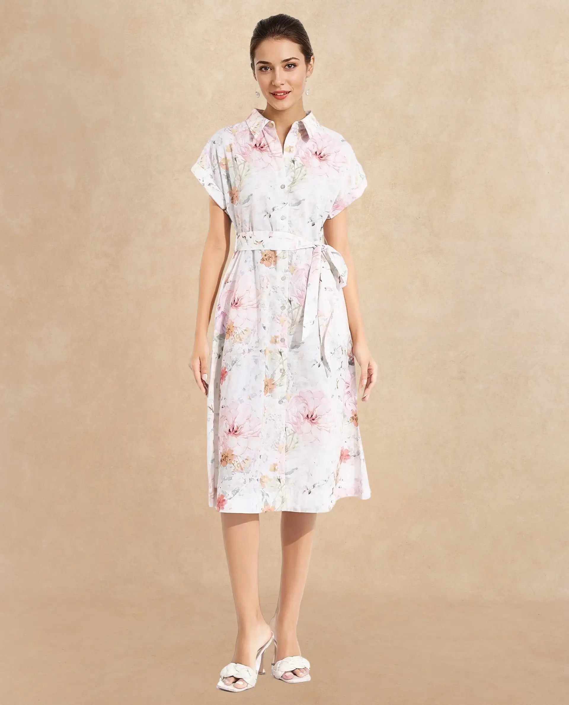 Rareism Women Carpi Multi Extended Sleeves Collared Neck  A-Line Knee Length Floral Print Dress