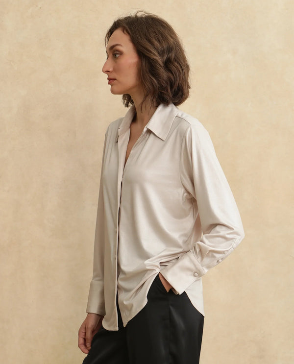Rareism Women Cawer Metalic Gold Cuffed Sleeve Collared Neck Button Closure Regular Fit Plain Shirt