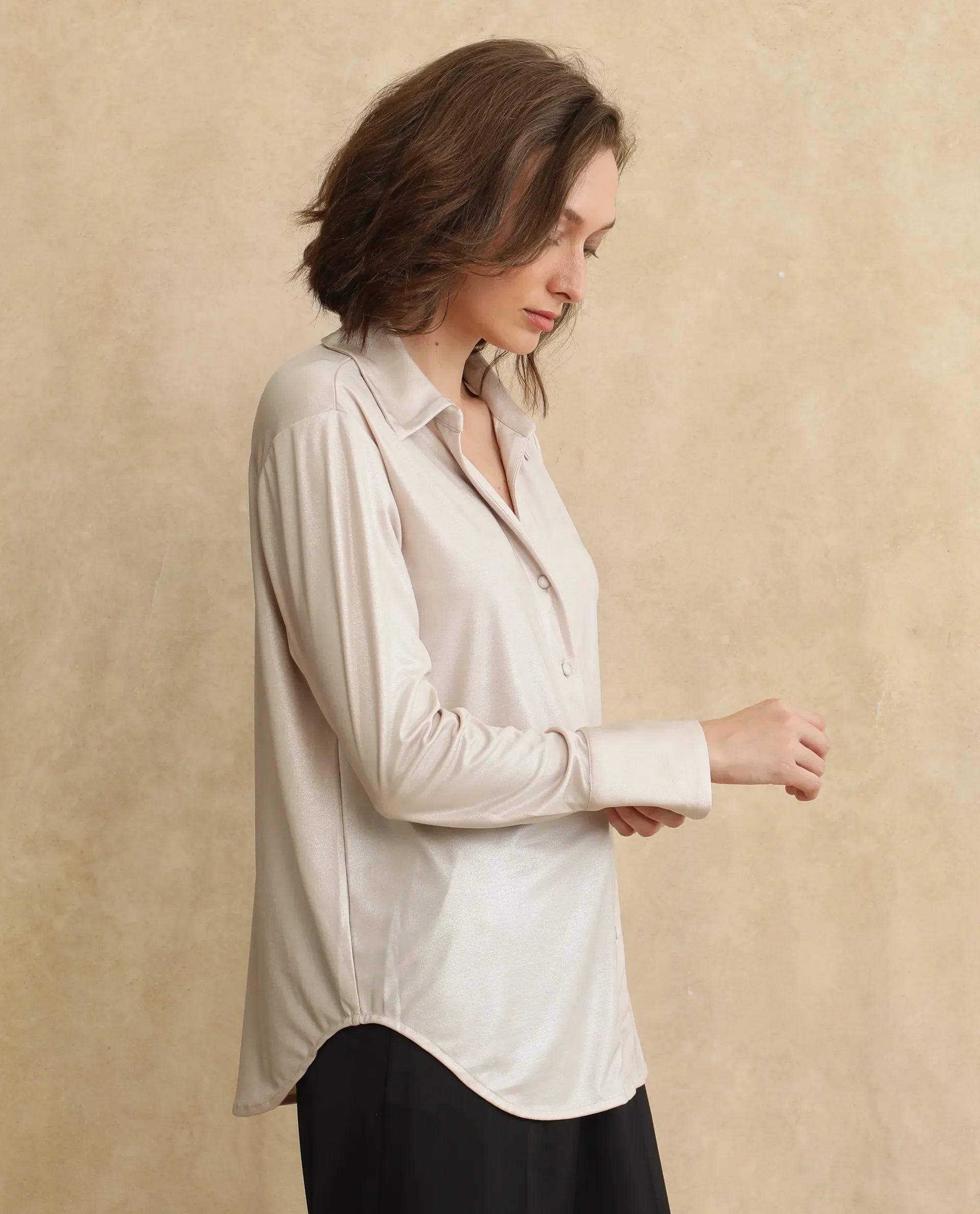 Rareism Women Cawer Metalic Gold Cuffed Sleeve Collared Neck Button Closure Regular Fit Plain Shirt