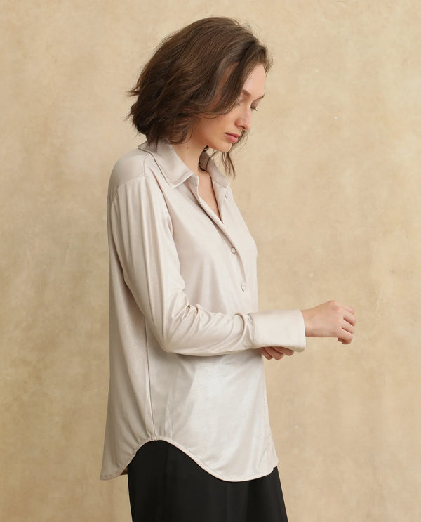 Rareism Women Cawer Metalic Gold Cuffed Sleeve Collared Neck Button Closure Regular Fit Plain Shirt